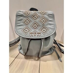 Michael Kors Riley Light Blue Backpack Studded Accents Pebble Leather Purse